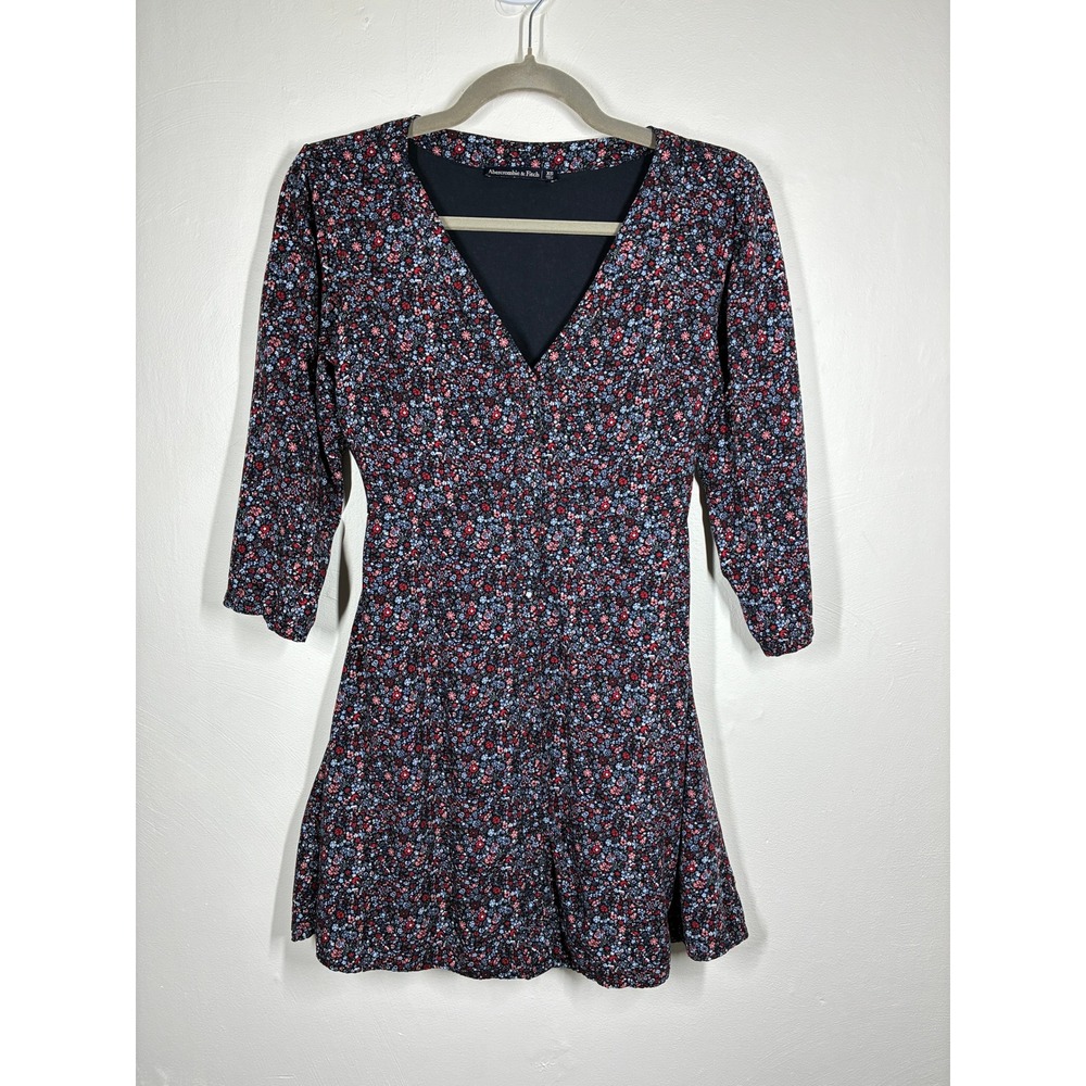 Abercrombie & Fitch Floral Print V Neck 3/4 Sleeve Button Front Dress XS‎ Dainty